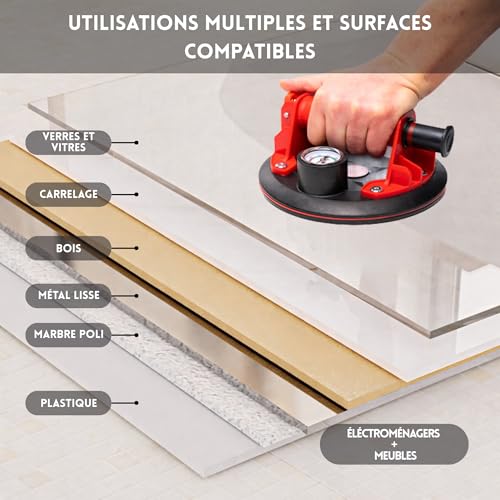RockToolUp 2 Tile Suction Cups 200 mm with Pressure Gauge – Capacity up to 400 kg Professional Glass Suction Cup, Powerful Tool for Tiles, Windshield, Furniture, Moving – Kit & Case Included