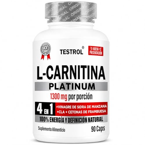 L Carnitina, Platinum 1300mg por porción | 4 en 1 | Carnitina Tartrato, Vinagre de Manzana Organico, Cla y Cetonas de Frambuesa | Pre Workout | Para Hombres y Mujeres, Testrol L-Carnitina 90 Cápsulas