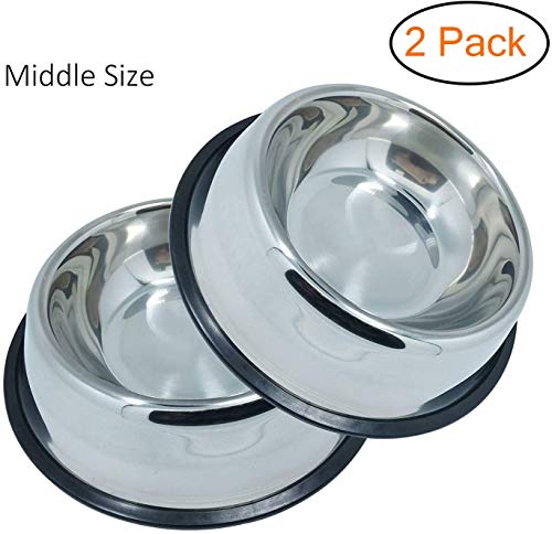 JASGOOD Stainless Steel Dog Bowls, Dog Feeding Bowls,Non-slip Rubber Bases Dog Plate Bowls, Medium Pet Feeder Bowls Water Bowls Set of 2(Medium,Silver)
