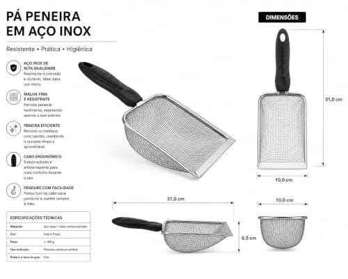 Pá Higiênica para Gatos e Cães em Aço Inox, Peneira para Caixa de Areia, Durável e Fácil de Limpar