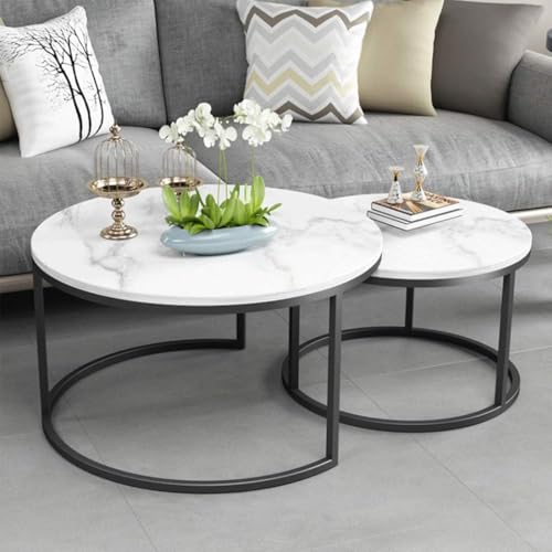 Zucng Nesting Tables Removable Set of 2 End Table, Round Coffee Tables with Gold Metal Frame Legs and Faux Marble Coffee Table Wooden for Living Room, Bedroom, Office, Balcony, Apartment (White)