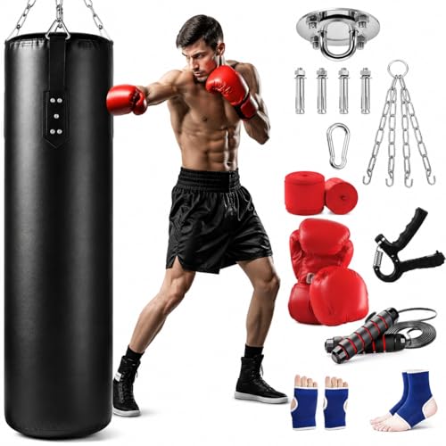 Gavzrt Saco de Boxe Pendurar para Adultos Kit Completo, Saco de Pancada com Luva de Boxe, Corda de Suspensão e Fortalecedor de Garra, Equipamento Profissional para Treino de Boxe