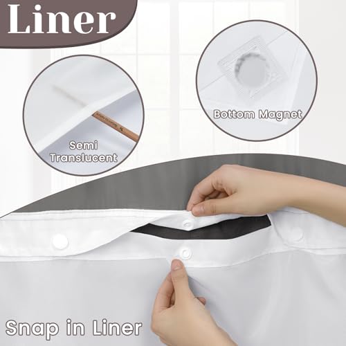 SORTTO No Hook Slub Textured Shower Curtain with Snap in Liner - Black Fabric Outer Curtain & Waterproof Inner Liner, Hotel Style with See Through Top Window, 71x74 in