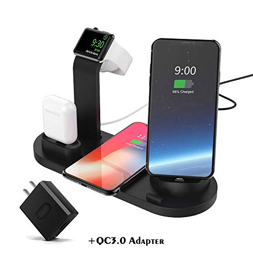 (QC3.0 Adapter Included) DINTO Wireless Charger Station, 4 in 1 Charging Dock for Apple Watch Series 4/3/2 and Airpods Wireless Charging for iPhone X/XR/Xs Max/8 Plus,Samsung S10/S10 plus/S9/S9 Plus
