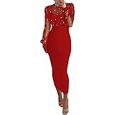 CHICME Women's Sexy Bodycon Midi Dress Mock Neck Long Sleeve Sheer Dresses Beaded Night Club Party Dresses