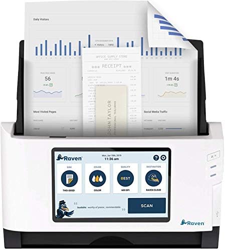 Raven Original Document Scanner – Huge LCD Touchscreen, Color Duplex Feeder (ADF), Wireless Scanning to Cloud, WiFi, Ethernet, USB, Home or Office