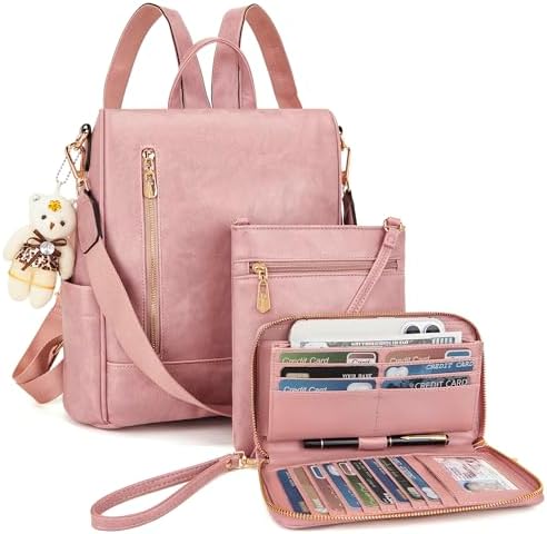 ROOSALANCE Backpack Purse for Women, PU Leather Backpack Purse, Waterproof Anti-Theft Women Backpack, Fashion Multi-Pocket Shoulder Bag Handbag With Clutch, Pink : Clothing, Shoes & Jewelry