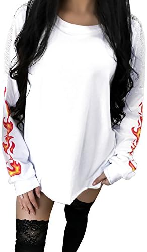 CoCo fashion Women’s Back Mesh Flame Pattern Tops Long Sleeve T-Shirt Blouse (White, Large)