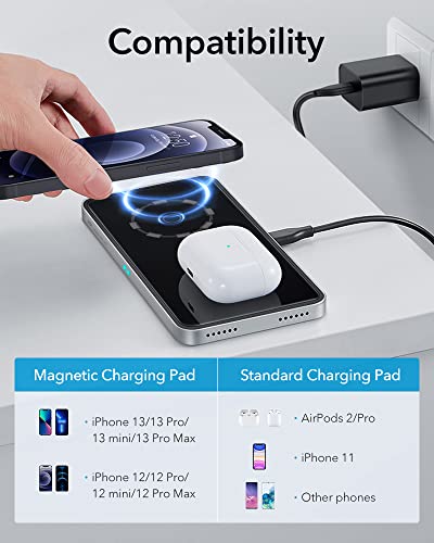 ESR HaloLock 2-in-1 Magnetic Wireless Charging Station [Automatic Magnetic Alignment] [Includes Fast Charging Adapter] for iPhone 12/12 Pro/12 Mini/12 Pro Max, AirPods, Black
