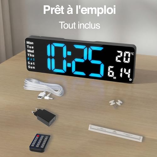 Opis Technology Digital Wall Clock - Large Display, LED Digits - Silent - Clock 1XL Blue/White