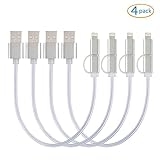 Upow 2-in-1 Nylon Braided Sync and Charge Cable (0.25m/9.8-Inch) with Lightning and Micro USB Connectors, Silver, 4 Pack