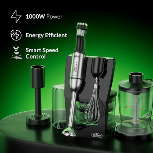 Feller Germany 5in1 Hand Blender 1000W, 1.8L Food Processor + 4 Blades, 1.2L Chopper, Whisk, Purée Maker, 4-Fin Titanium Blade, Stainless Steel Body, HB1000 Pro, 2Y Guarantee-UAE Version (Black)
