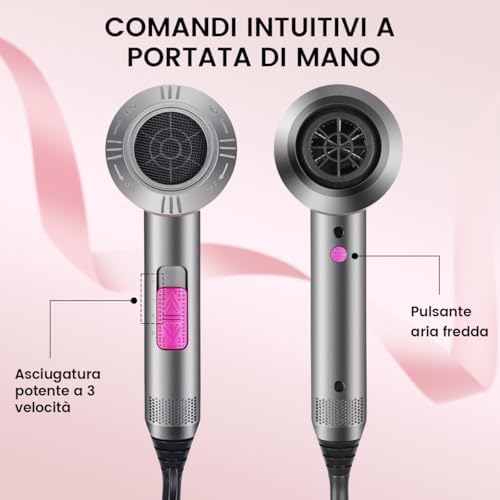 Asciugacapelli agli ioni di litio, 1500 W, motore AC, ad asciugatura rapida, asciugacapelli professionale con 2 velocità e 3 impostazioni di calore, pulsante aria fredda, regali per le donne