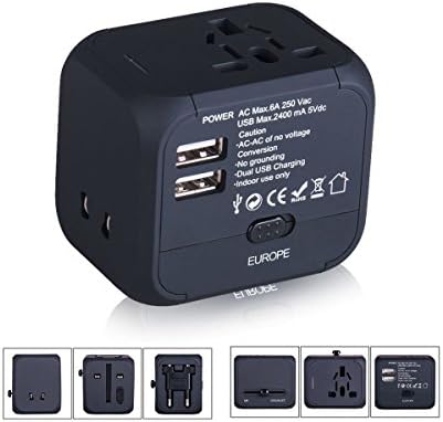 All-in-One Universal Power Adapter, Portable International Power Converter, Mini Travel Plug with Dual USB Charging Ports and Worldwide AC Socket for US/EU/UK/AU Built-in Spare Fuse
