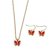 Yocoyee Red Butterfly Necklace Earrings Set for Women Enamel Dainty Butterfly Necklace Earrings Jewelry