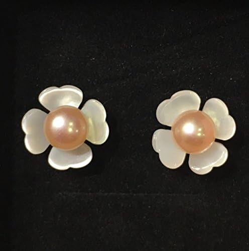 QQZEAL four petals vivid carved Exquisite White Lip Shell Flower Beads,White Mother of Pearl with pearl and sterling silver earing studs (10mm, 5A grade white four petals with pink pearl bead)