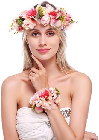 June Bloomy Flower Crown Hair Wreath Maternity Photo Shoot Garland Halo with Wrist Band (R-Pink)