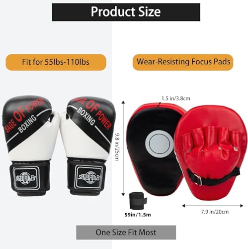 Ssumght 4-in-1 Kids Boxing Gloves and Punching Mitts Set, Boxing Pads with Boxing Reflex Ball, Kid Boxing Equipment Set with Hand Wrap for MMA Training, Muay Thai, Karate,6oz