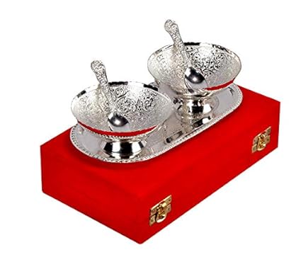 Handicraft Hub India German Silver Bowl Spoon and Tray for Gift Set of 5