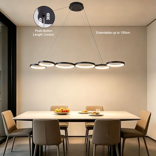 Liyabber Lampada a Sospensione LED Dimmerabile 113cm 69W Nero | Lampadario Moderno Design a 6 Anelli con Telecomando, Altezza Regolabile Lampada Sospesa per Tavolo da Pranzo, Soggiorno