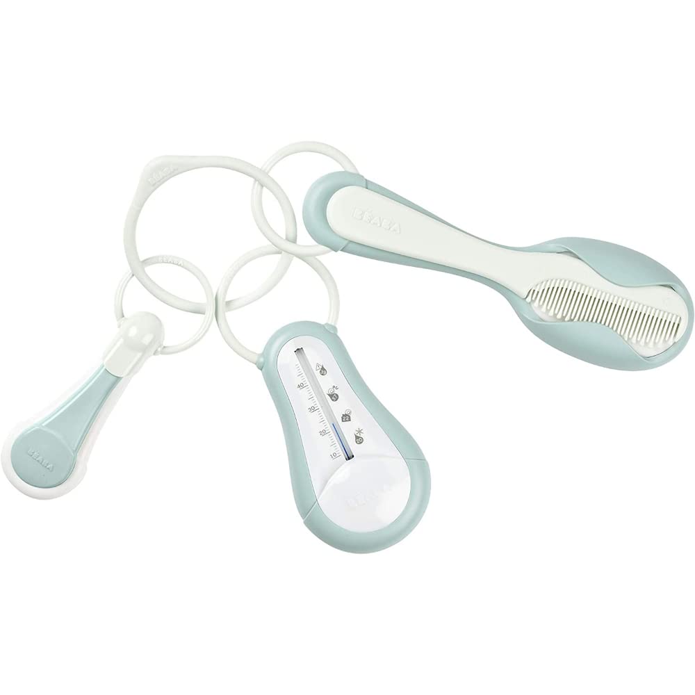 Béaba - Bathroom Accessories for Babies and Children - 1 x Bath Thermometer + 1 x Nail Clippers + 1 x Comb/Brush - Green Blue