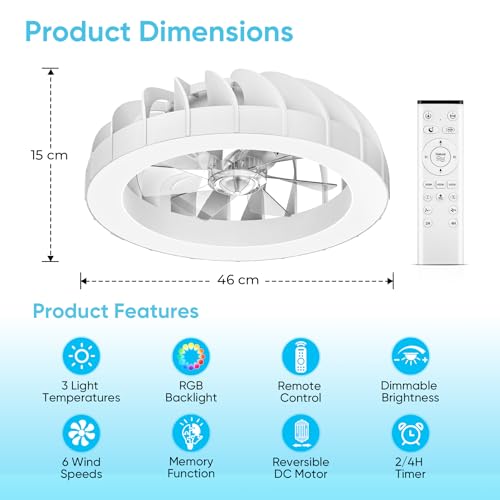 GLOFAN 46cm Ceiling Fan with Light and Remote Control, 6 Speed Silent Chandelier with Ceiling Fan, Timer, 3000k-6500k & RGB Ceiling Light Fan for Bedroom Living Room