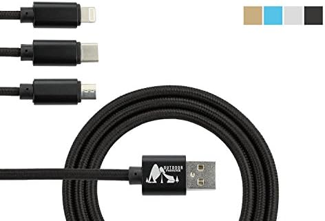 Outdoor Paradise Hi Speed 3-in-1 with Type C/Lightning/Micro USB | Charges iPhone X 8/8S 7/7S to 5/5S | Samsung Galaxy S8/S8+ to S5/S5+ | Surface | GoPro | Nintendo Switch | Charge 3 at Once | Black