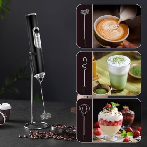 MXHIGO 6 en 1 Espumador de Leche Recargable con 3 Cabezales de Batidores de Acero Inoxidable y Base de Soporte, Agitador de Leche Eléctrico, 3 Velocidades Ajustables, Para Latte Capuchino Matcha Café