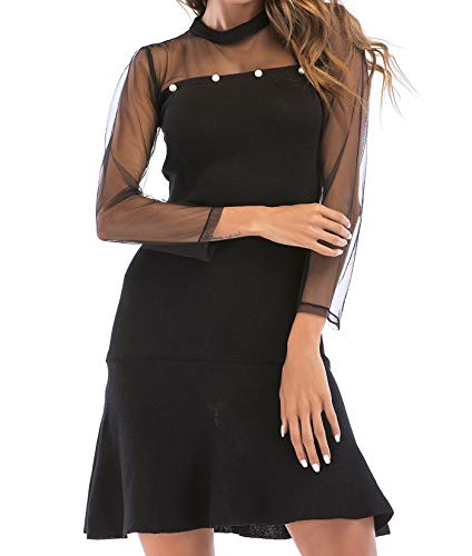 Women Mesh Long Sleeve Dress Tunic Fitted Casual Black Cocktail Swing Mini Jersey Junior Knit Dresses Sexy Night Party (Black, L)