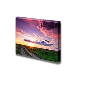 Canvas Prints Wall Art -Beautiful Sunset and Country Road on Green Field| Modern Home Deoration/Wall Art Giclee Printing Wrapped Canvas Art Ready to Hang - 12" x 18"