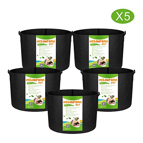 MELONFARM 5-Pack 15 Gallon Plant Grow Bags – Smart Thickened Non-Woven Aeration Fabric Pots Container with Strap Handles for Garden and Planting