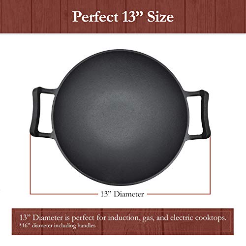 Pre-Seasoned Cast Iron Nonstick Hot Wok Burner Pan with Large Loop Handles - 13" Diameter, 5.5" Wider Flat Base - Includes FREE silicone hot pan handle holders, Great for induction, gas,electric tops