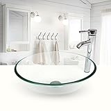 Tempered Glass Vessel Bathroom Vanity Sink Round Bowl, Chorme Faucet & Pop-up Drain Combo, Clear Color