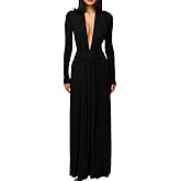 DAAWENXI Women's Sexy Deep V Neck Maxi Dress Long Sleeve Tie Wedding Guest Cocktail Evening Dresses