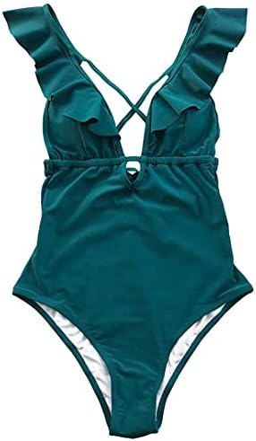 Green One-Piece Swimsuit Women Ruffle V-Neck Girls Beach Bathing