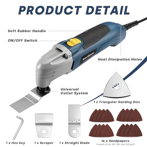 Enventor Oscillating Multitool 200W, 22000 RPM, 3° Oscillation Angle, Multifunction Tool Includes 1 Scraper, 1 Saw Blade and 16 Sandpaper for Cutting, Carving and Polishing