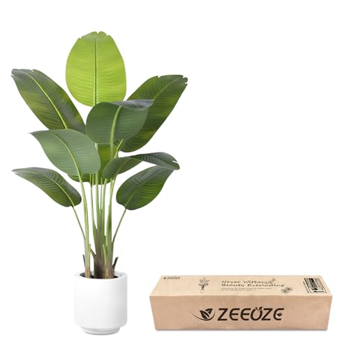 ZEEOZE Artificial Plant Bird of Paradise 120 cm Decorative Artificial Plants with 9 Banana Leaves, Large Indoor Artificial Plant with White Pot for Home Decoration Living Room Home Room Decor