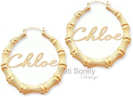 Large Bamboo Name Earrings in Gold or Silver.