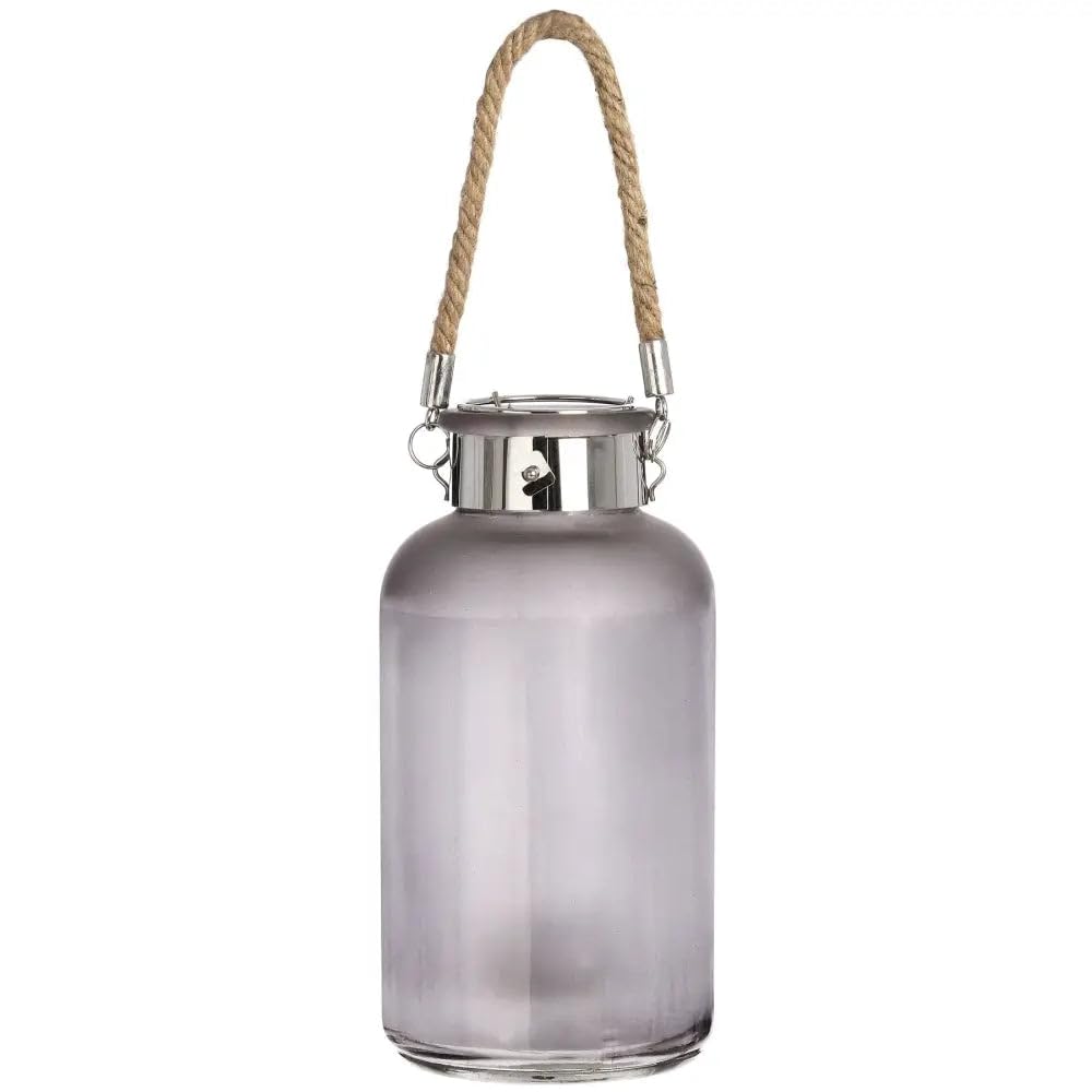 Hill 1975 Frosted Grey Glass Jar with Rope Detail and LED Lights, Mixed, 10 x 10 x 20cm
