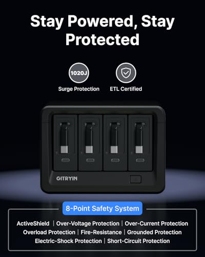 Gitryin 12-in-1 Desktop Charging Station with 4 Retractable Type-C Wall Chargers, 40W USB-C Power Strip with Flat Plug, Extension Cord with 1020J Surge Protection for Home Office Office