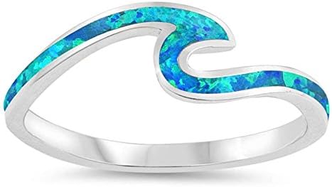 Sterling Silver Lab Created Blue Opal Wave Ring Sizes 4-10