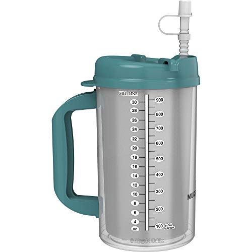 32 oz Double Walled Hospital Mug with Straw Teal Lid and Handle
