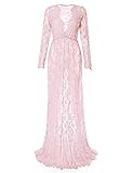 Saslax Maternity Sexy Deep V-Neck Long Sleeve Lace See-Through Maxi Dress for Beach Pink S