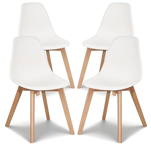 VECELO Dining Chairs Set of 4, Mid-Century Modern Kitchen & Dining Room Chairs, Molded Plastic Seat & Back, Solid Wood Legs, Armless, Non-Slip Feet, White by VECELO - Used condition - US$88.26