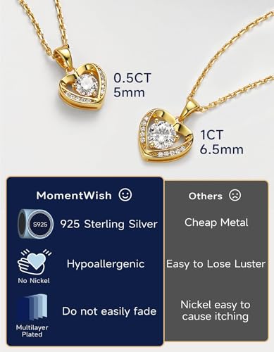 MomentWish Women's Heart Necklace, 0.5/1/2 Carat Moissanite Diamond Pendant Rose Gold 925 Sterling Silver Hypoallergenic Jewelry Gift for Wife Mom Girlfriend