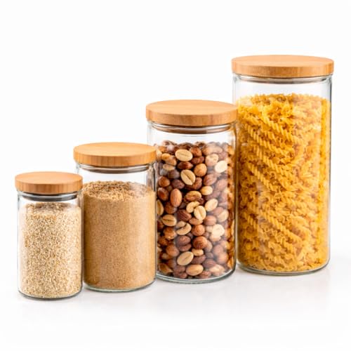 Potes Hermeticos de Vidro Kit 4 Peças Porta Mantimentos Tampa de Bambu Organizadores de Cozinha 300ml 700ml 1300ml 2200ml Armazenamento de Grãos Café Massas Açúcar Bancada Elegante