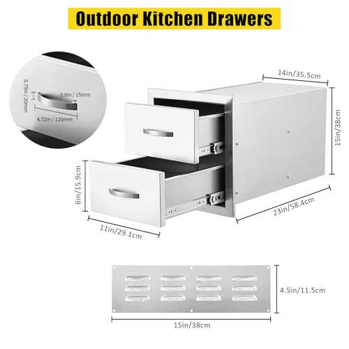 Garvee Stainless Steel Outdoor Kitchen Drawers, Flush Mount Built-in BBQ Drawer with Ventilation Panel - Weatherproof Drawer for Grill Island, Patio Cabinet Storage, 2-Drawer, 14"W×15"H