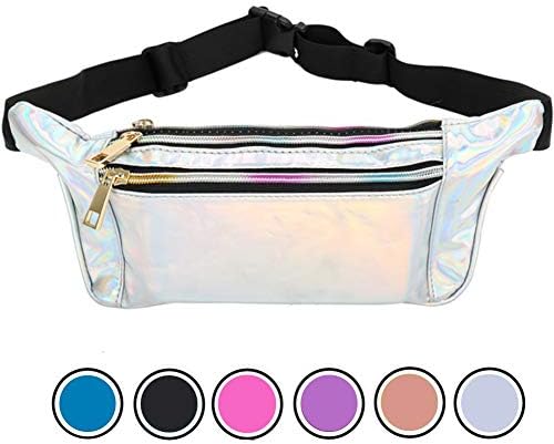 Holyami Holographic Shiny Fanny Pack for Women and Men,Flat Fashion Waterproof Travel Waist Packs Bum Bags with Adjustable Belt for Rave, Festival,Hiking,Partying, Jogging