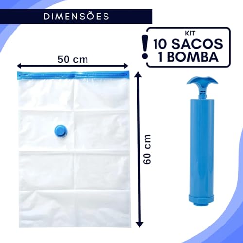 Kit com 10 Sacos a Vácuo para Roupas e Viagem 50x60 cm com Bomba Manual Inclusa, Ideal para Organização de Armário e Mala de Viagem, Compressão de Roupas, Redução de Volume e Economia de Espaço