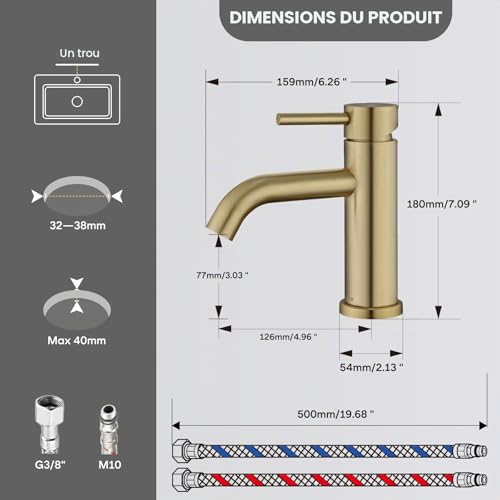 DETBOM Gold Basin Mixer Tap, Adjustable Hot and Cold Washbasin Tap, Stainless Steel, Removable Aerator, Lead Free, Brushed Gold